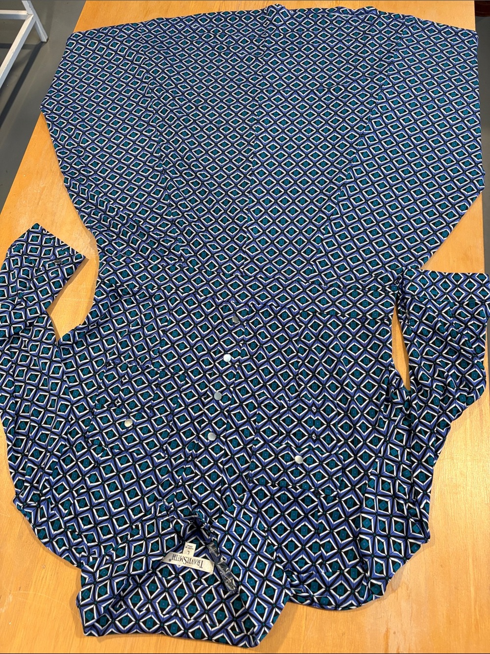 TravelSmith ~ Button Accent Dress Periwinkle Purple Teal & White Geometric